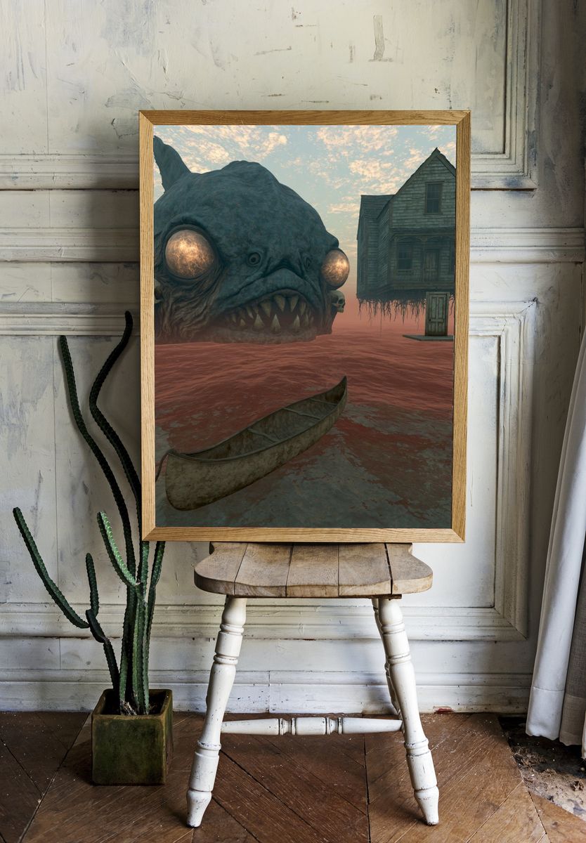 Surreal Sea Monster House Print. room preview