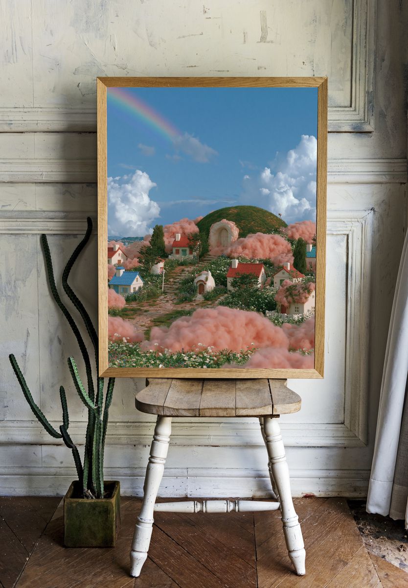 Dreamy Cloud Village Illustration Print. — room view 1