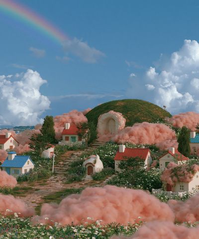 Dreamy Cloud Village Illustration Print. poster print