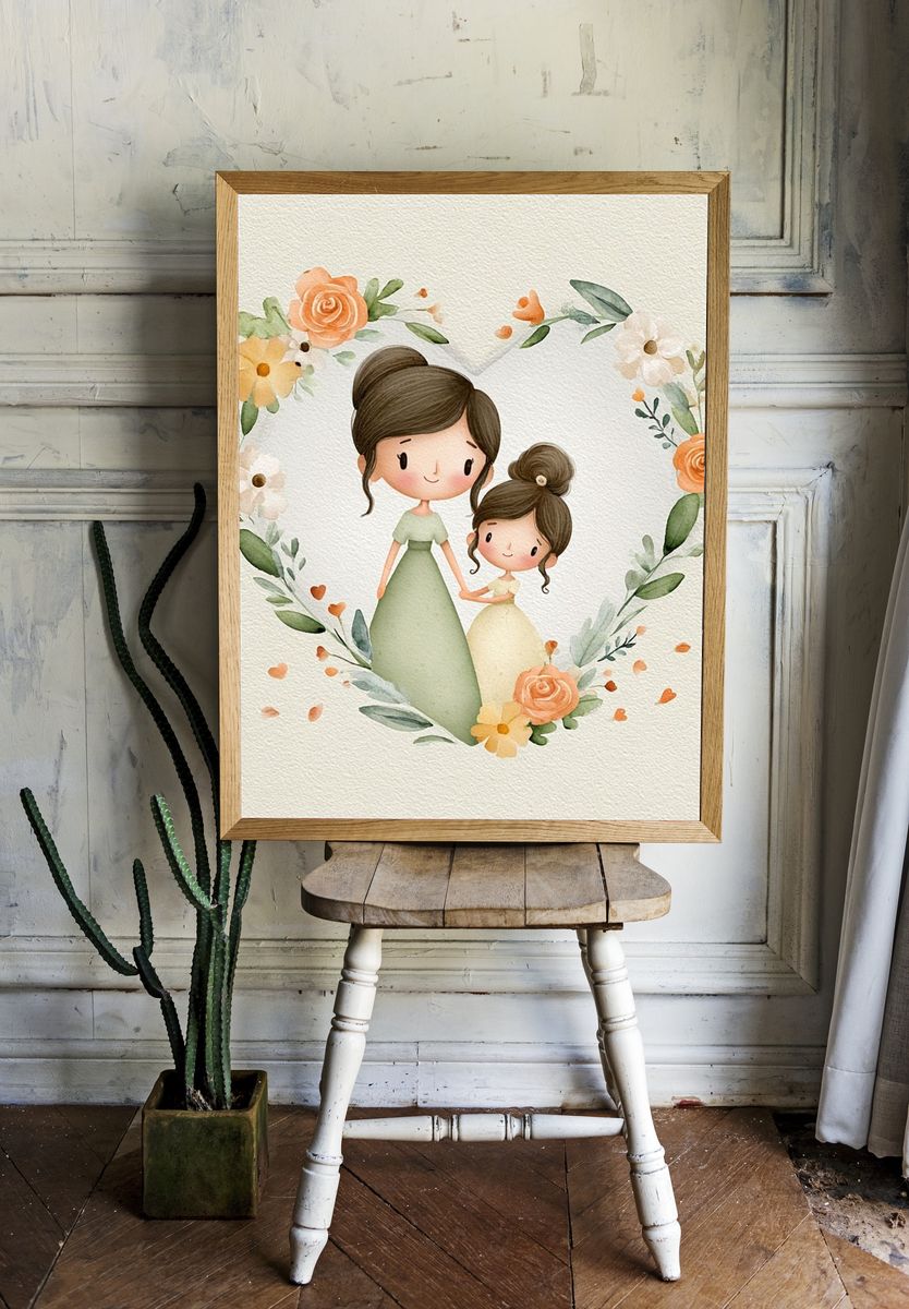 Mother and Daughter Floral Watercolor Poster. room preview