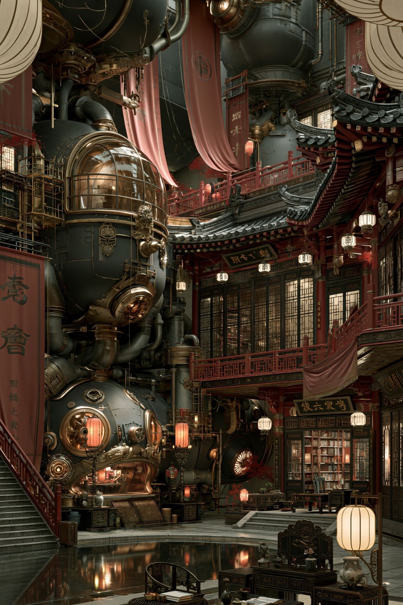 Steampunk East Asian Courtyard Print. poster — illustration art