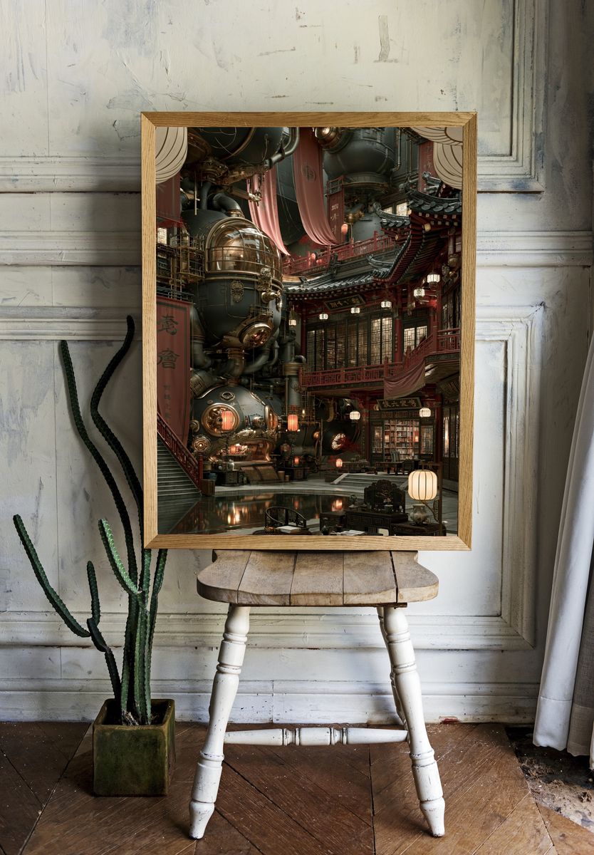 Steampunk East Asian Courtyard Print. — room view 1