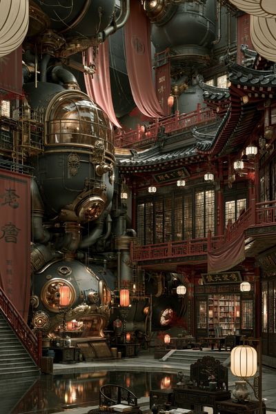 Steampunk East Asian Courtyard Print. poster print