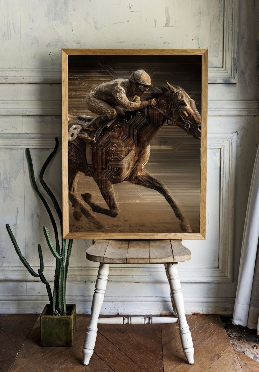 Cyber Horse Racing Illustration Poster. — room view 1