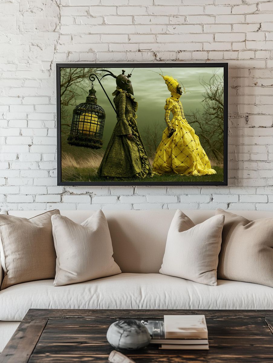 Surreal Gothic Figures Illustration Print. room preview