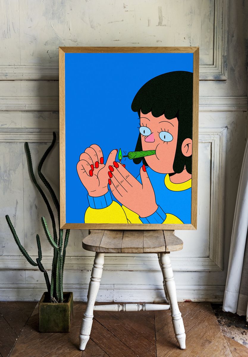 Girl Lighting Joint Cartoon Print. room preview