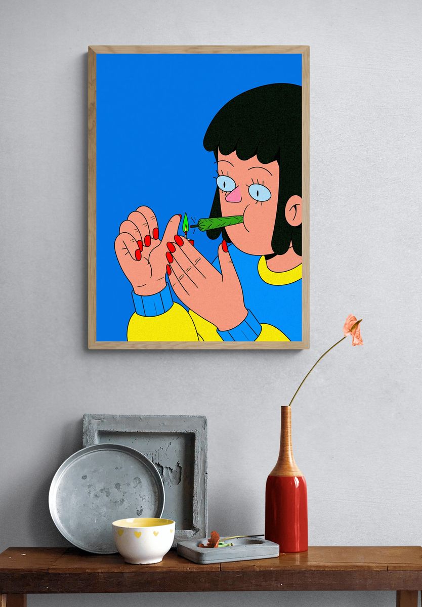 Girl Lighting Joint Cartoon Print. — room view 3