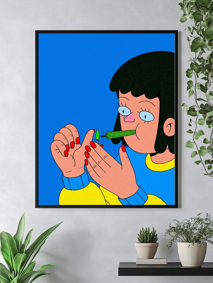Girl Lighting Joint Cartoon Print. — room view 4