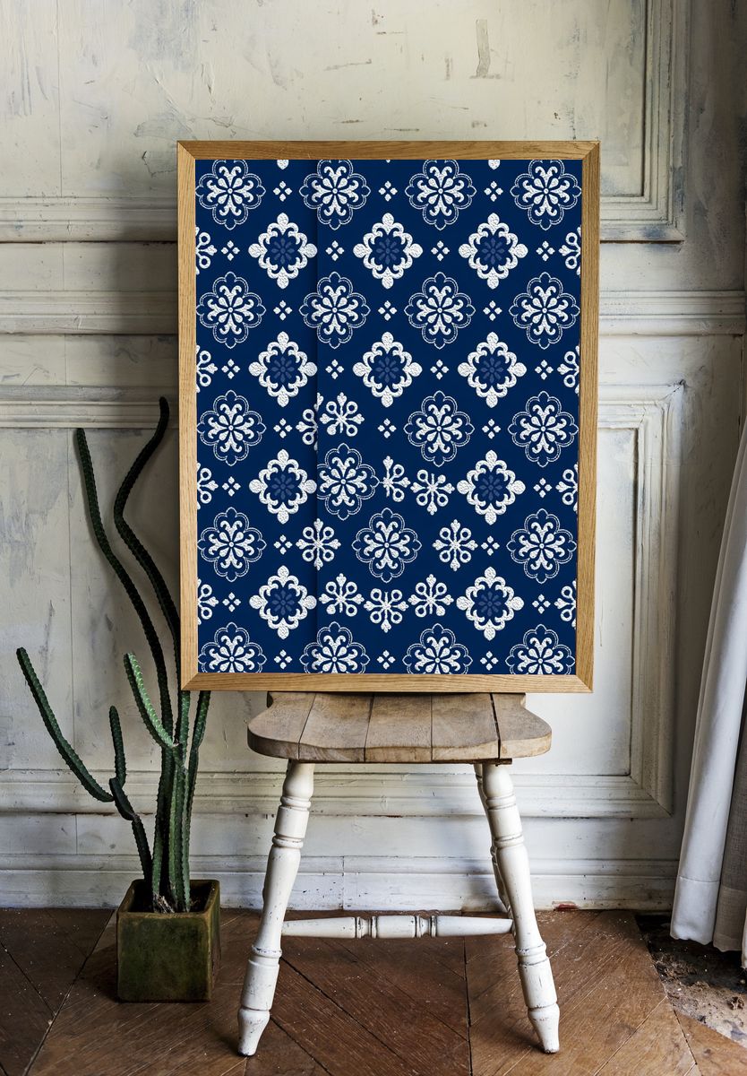 Blue Floral Tile Pattern Print. room preview