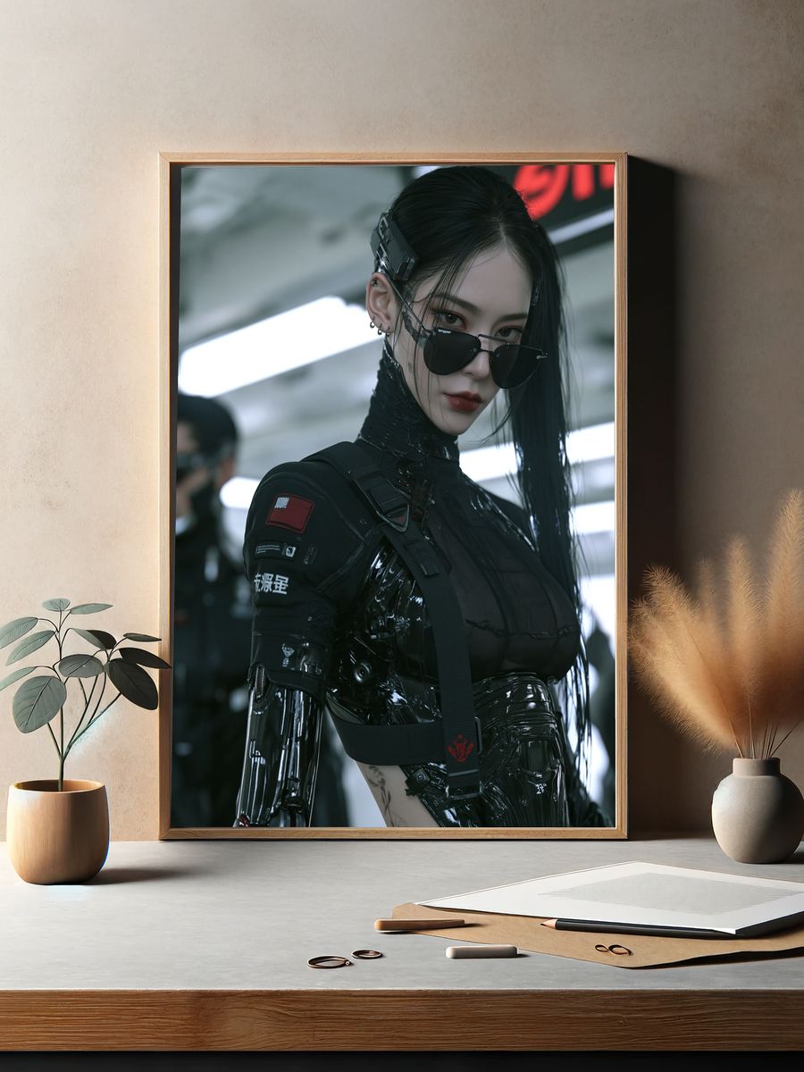 Cyberpunk Woman Portrait Print. — room view 2