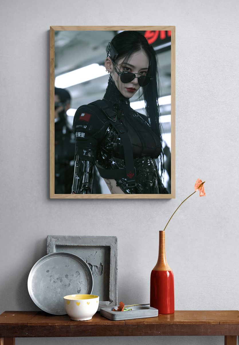 Cyberpunk Woman Portrait Print. — room view 3