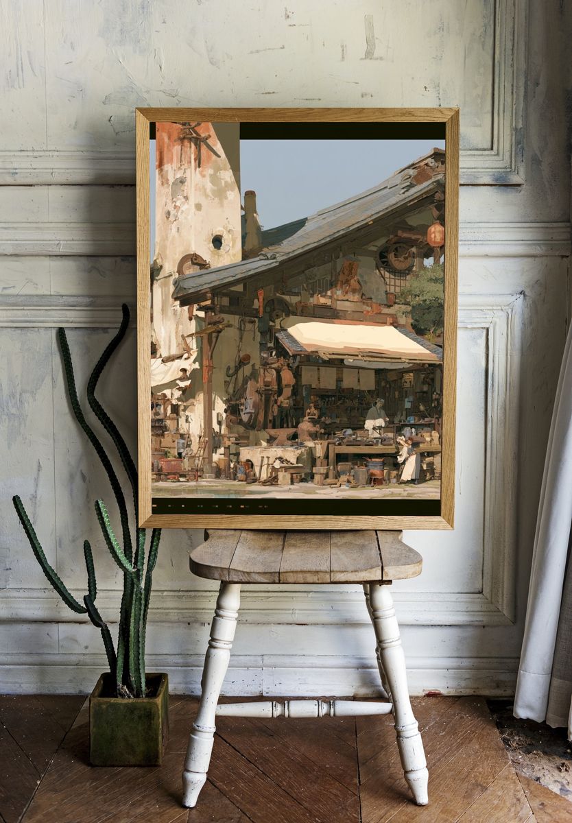 Rustic Workshop Village Illustration Poster. — room view 1