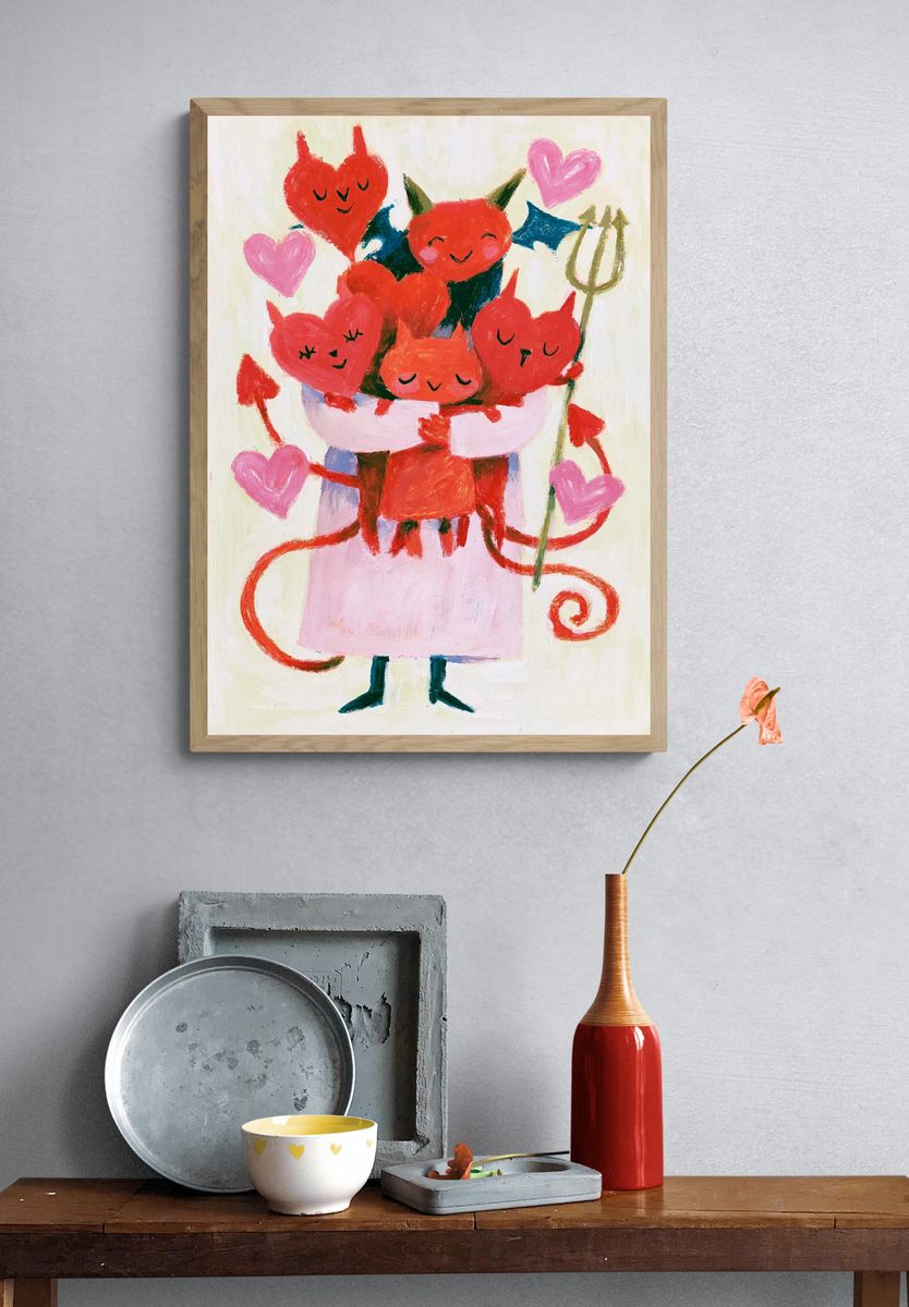 Cute Devil Hearts Illustration Poster. — room view 3