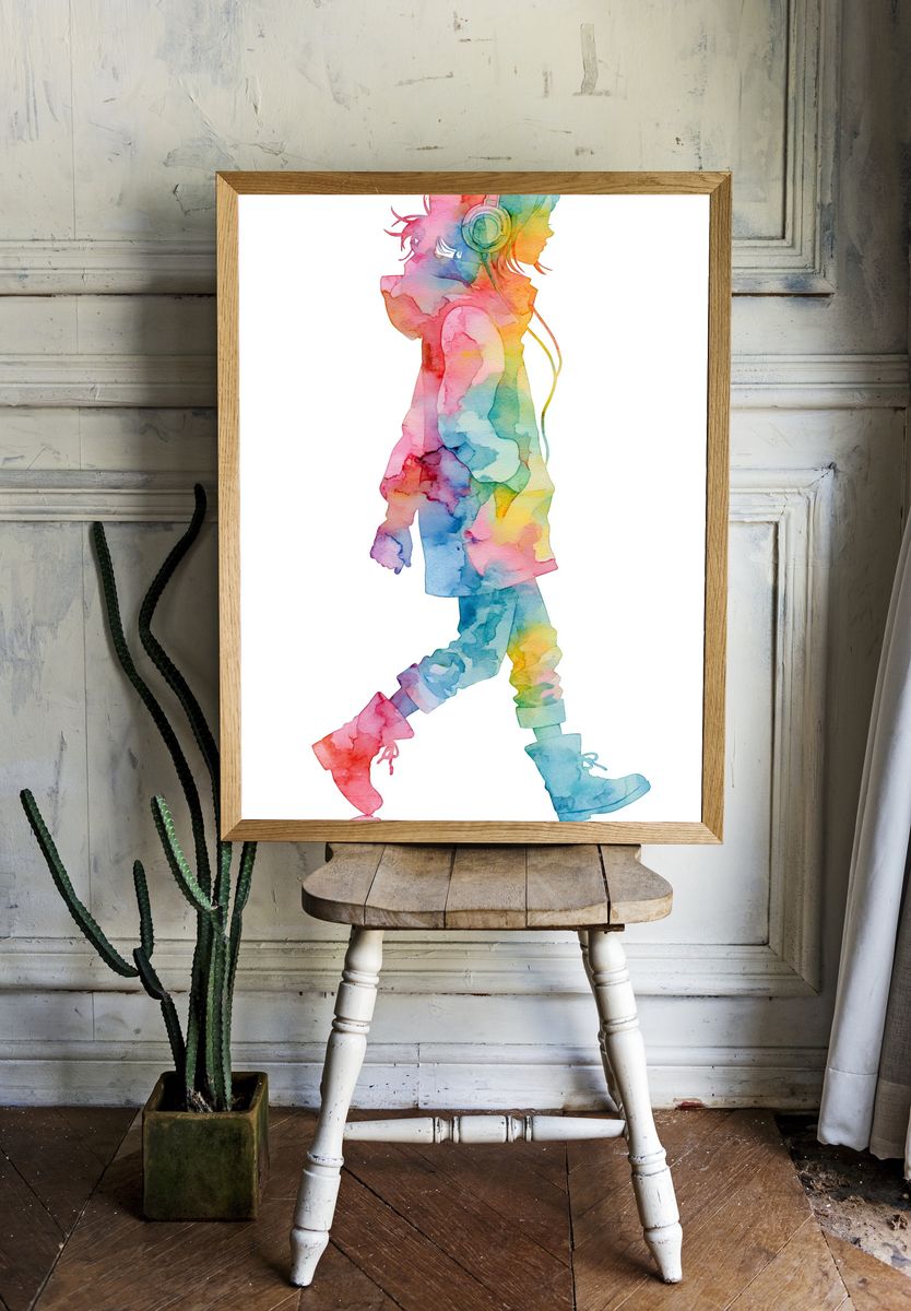 Headphones Girl Watercolor Print. room preview