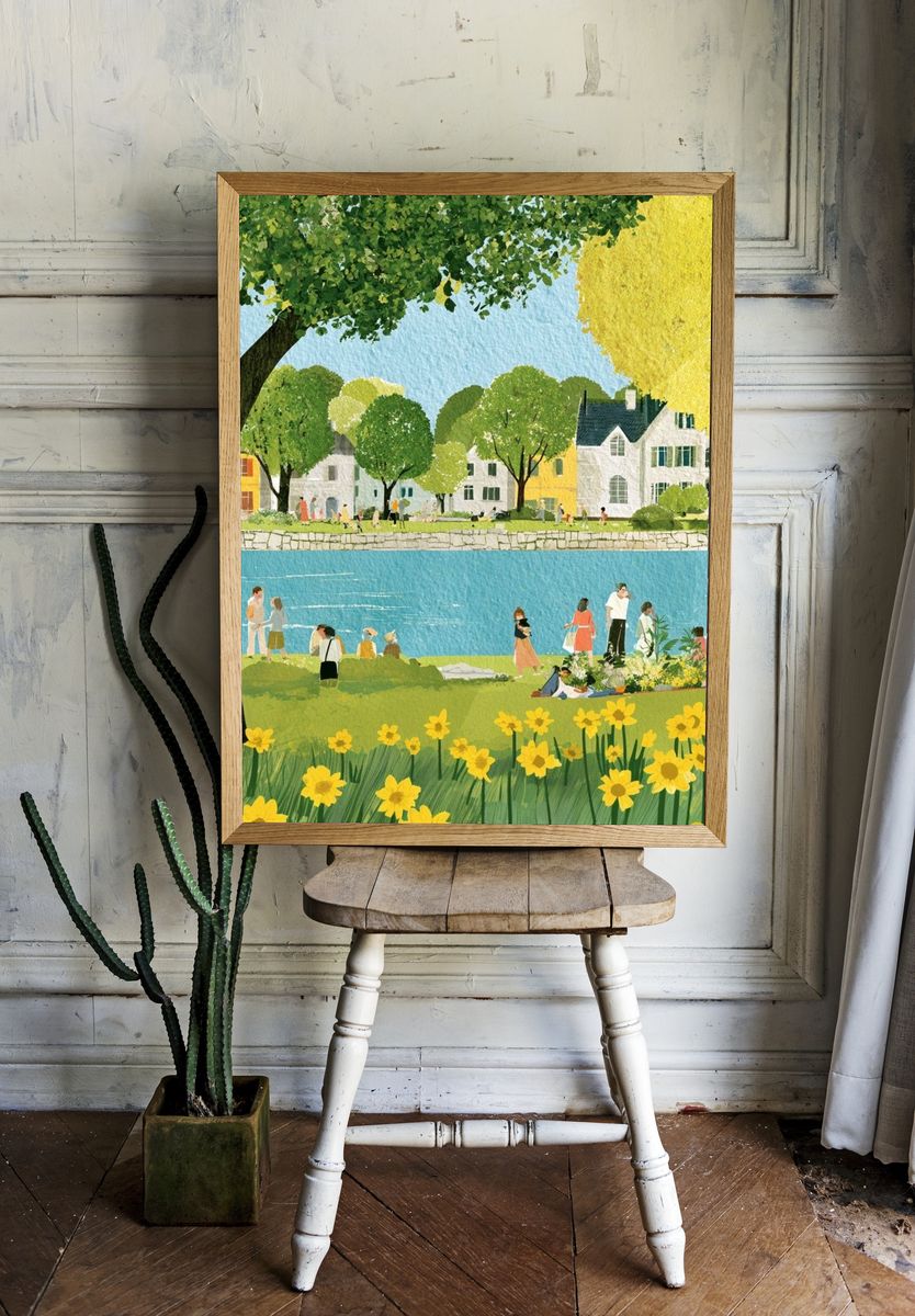 Riverside Village Spring Illustration Poster. — room view 1