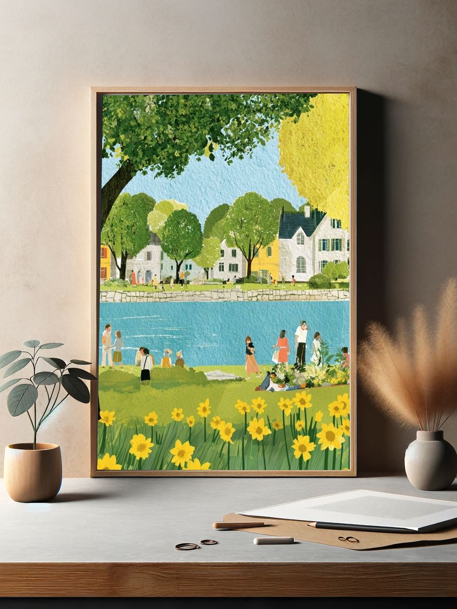 Riverside Village Spring Illustration Poster. — room view 2