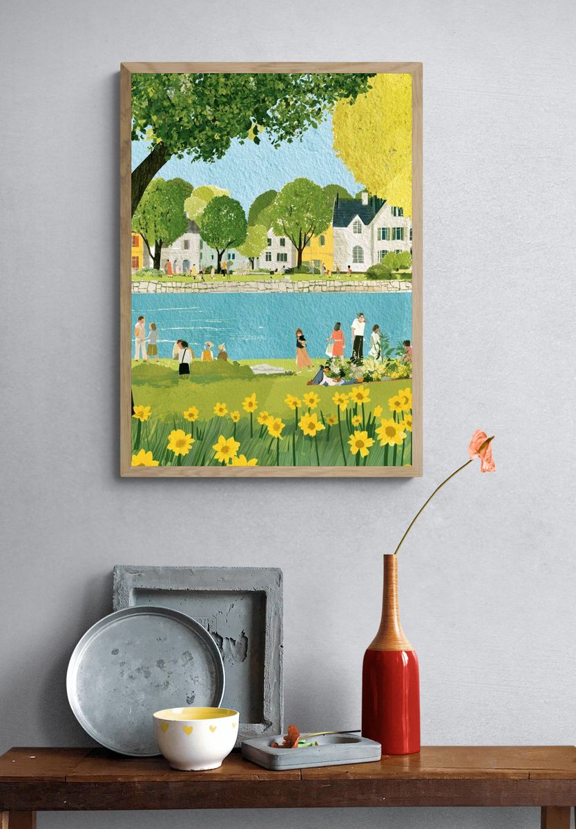 Riverside Village Spring Illustration Poster. — room view 3