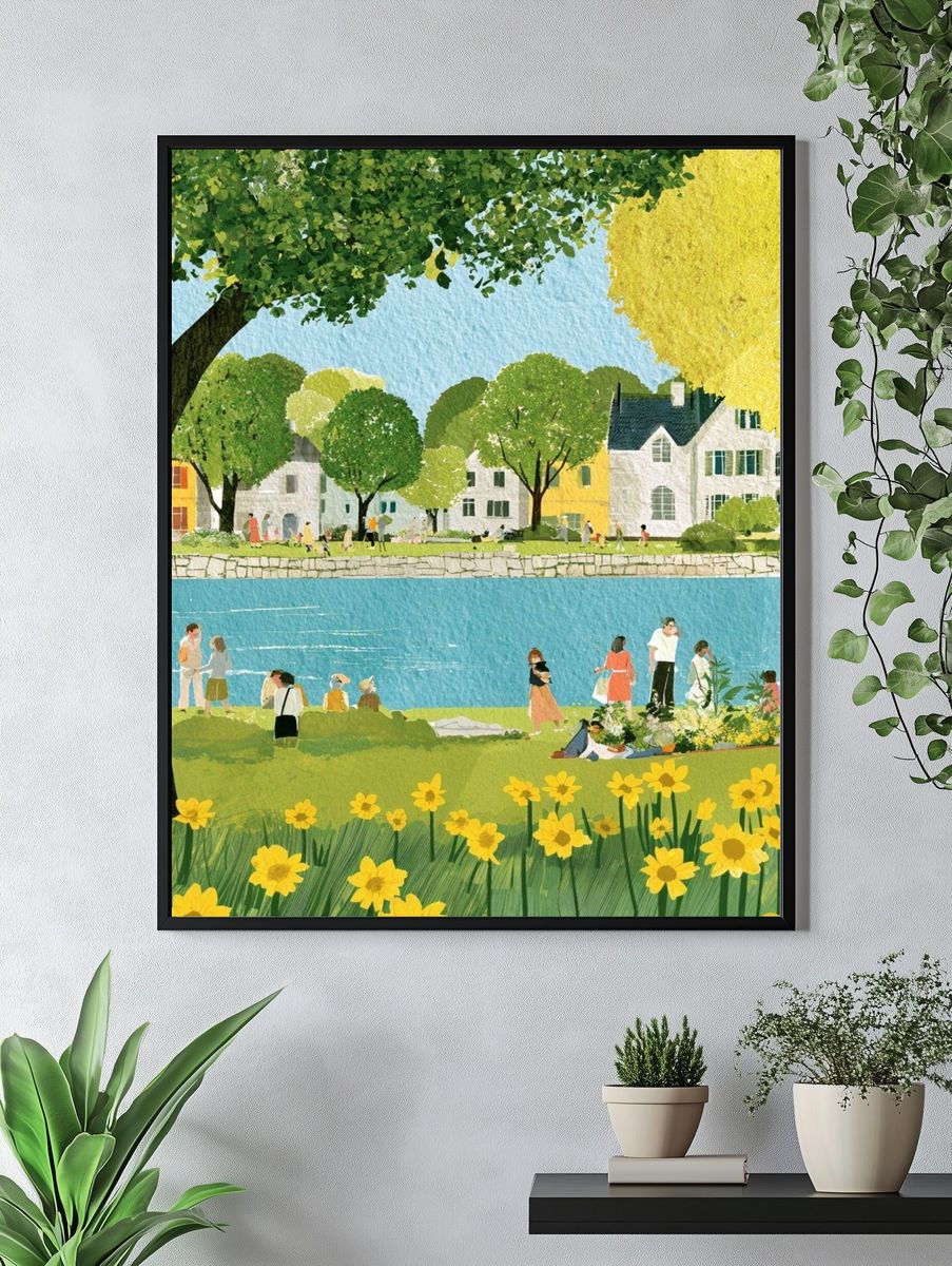 Riverside Village Spring Illustration Poster. — room view 4