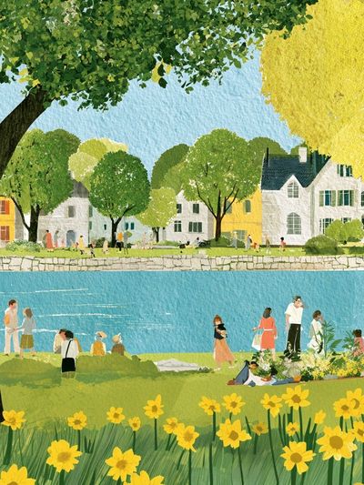 Riverside Village Spring Illustration Poster. poster