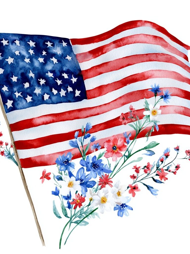 American Flag Floral Watercolor Poster. poster detail
