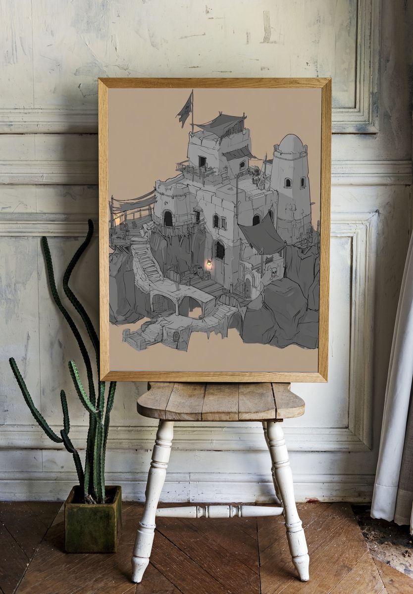 Desert Cliff Fortress Illustration Print. — room view 1