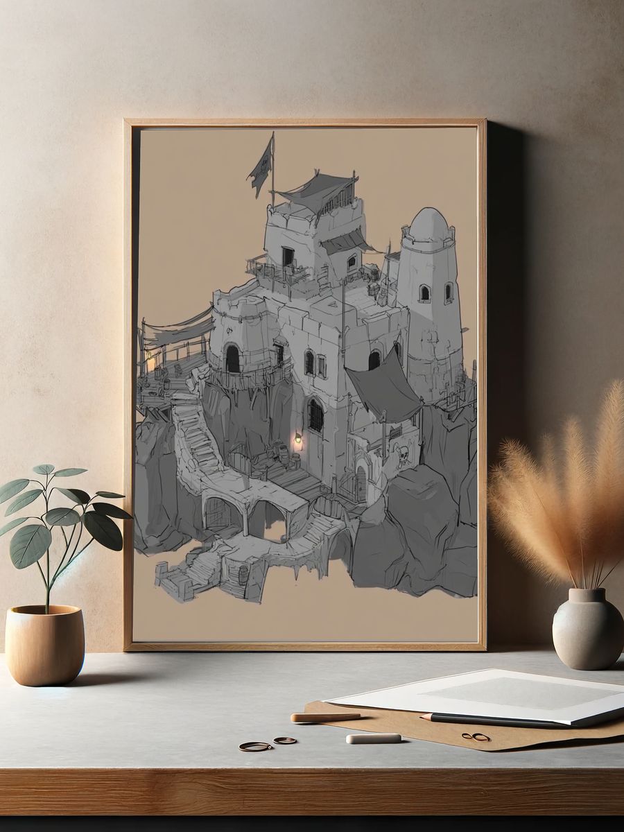 Desert Cliff Fortress Illustration Print. — room view 2