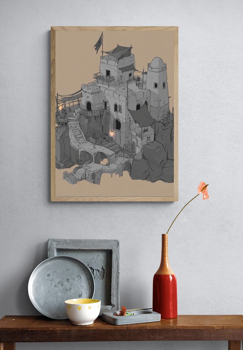 Desert Cliff Fortress Illustration Print. — room view 3