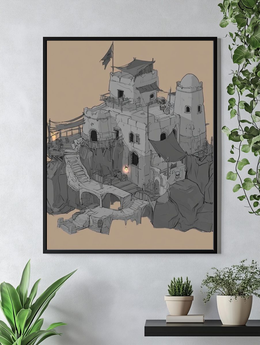 Desert Cliff Fortress Illustration Print. — room view 4