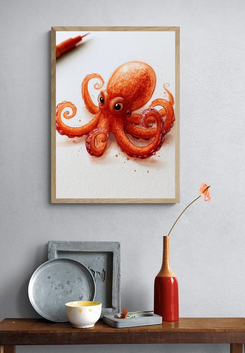 Watercolor Octopus Illustration Poster. — room view 3