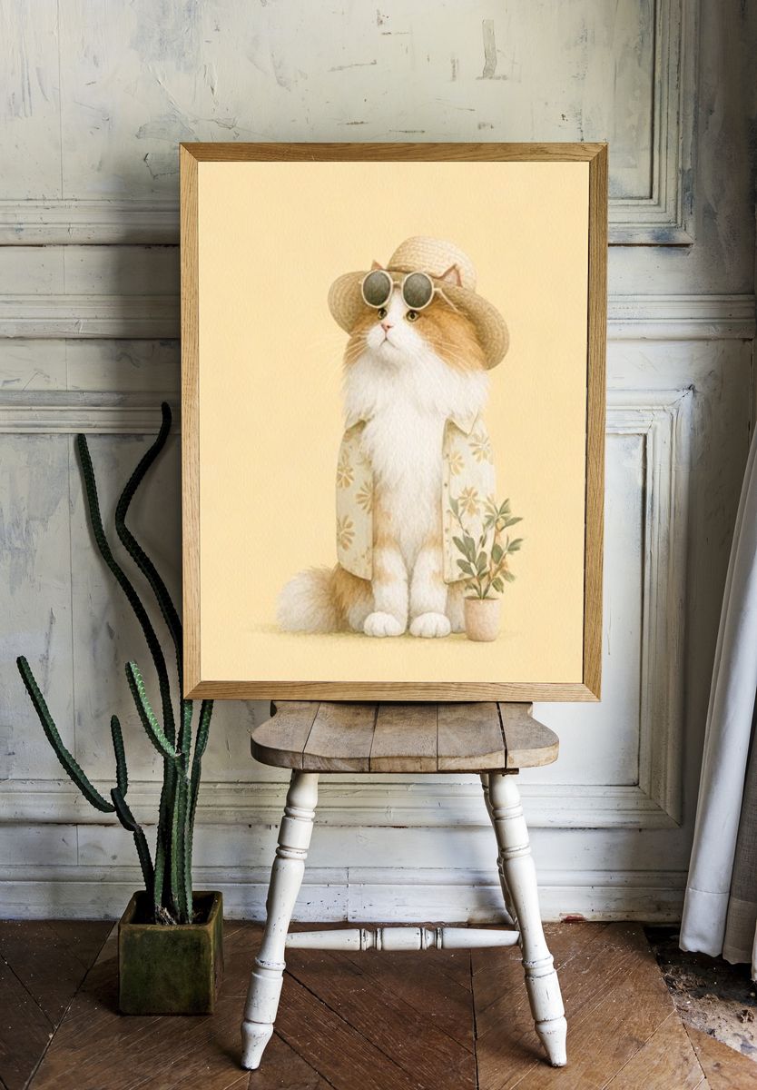 Cat in Sun Hat Illustration Poster. — room view 1