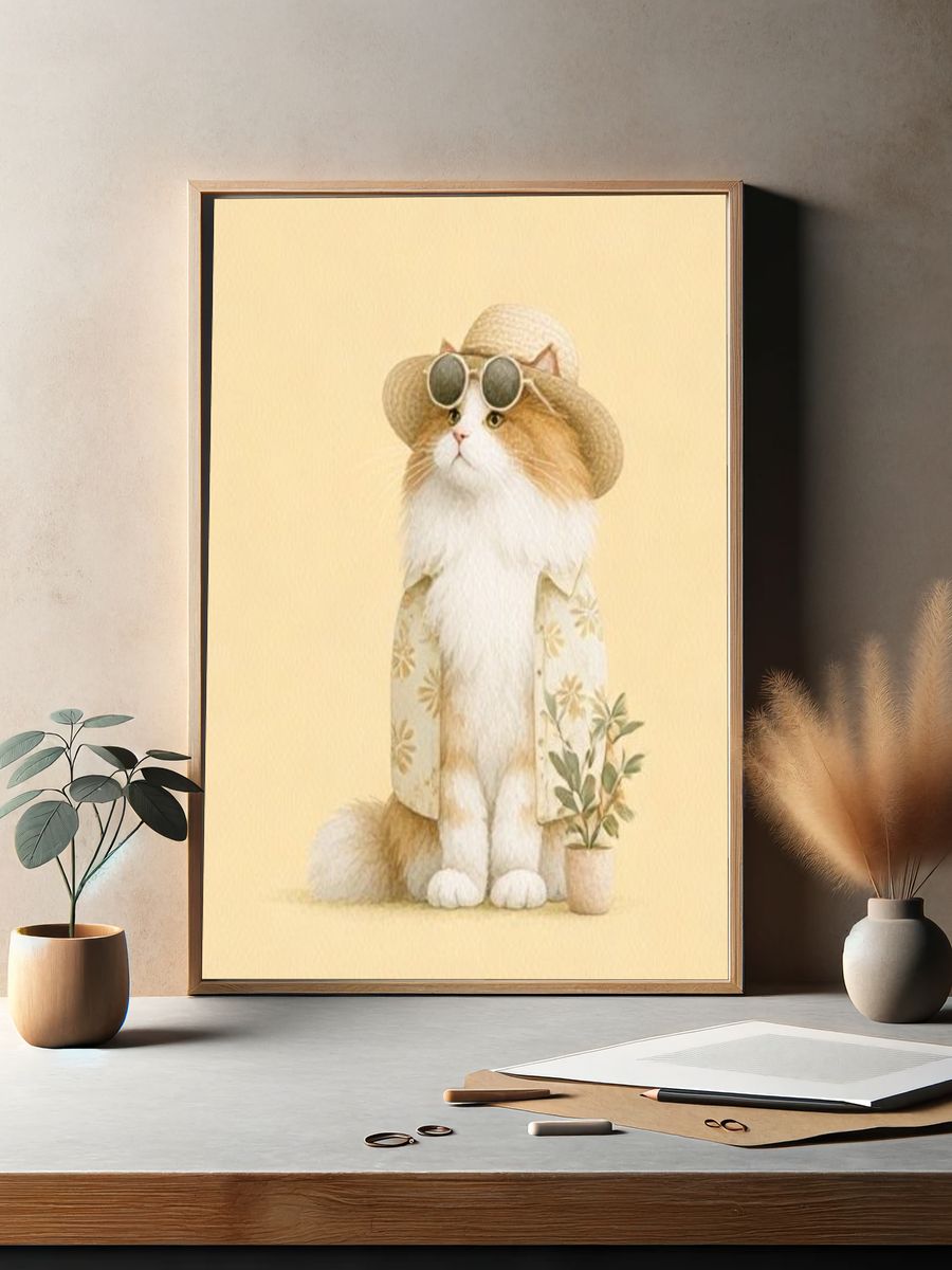 Cat in Sun Hat Illustration Poster. — room view 2