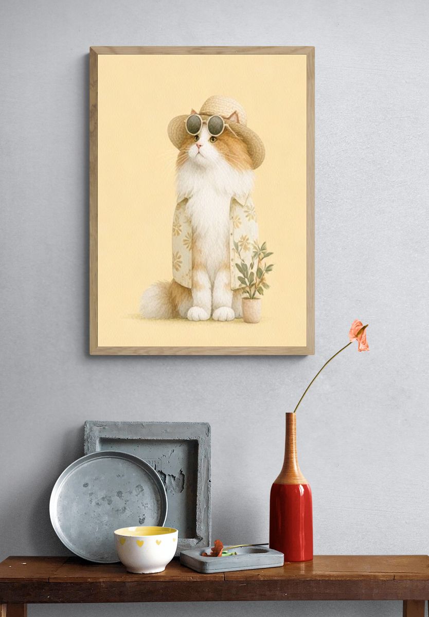 Cat in Sun Hat Illustration Poster. — room view 3
