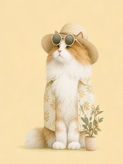 Cat in Sun Hat Illustration Poster. poster
