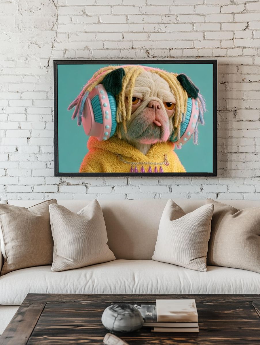 Pug in Headphones Illustration Poster. — room view 1