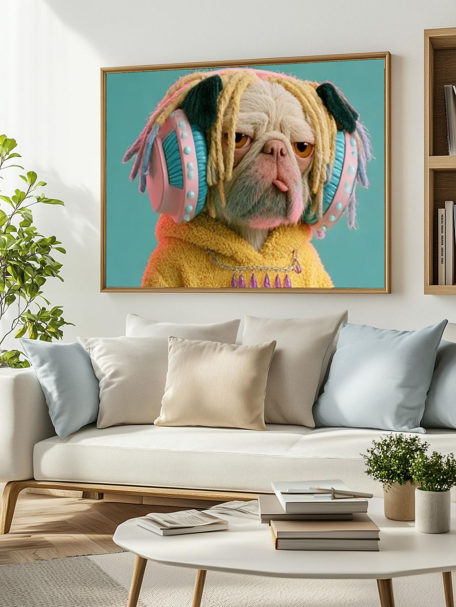 Pug in Headphones Illustration Poster. — room view 2