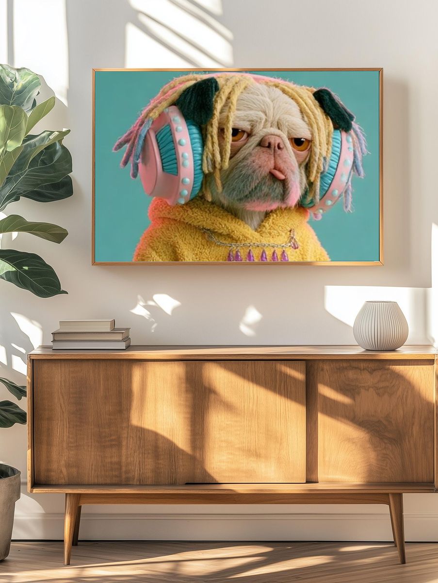 Pug in Headphones Illustration Poster. — room view 3