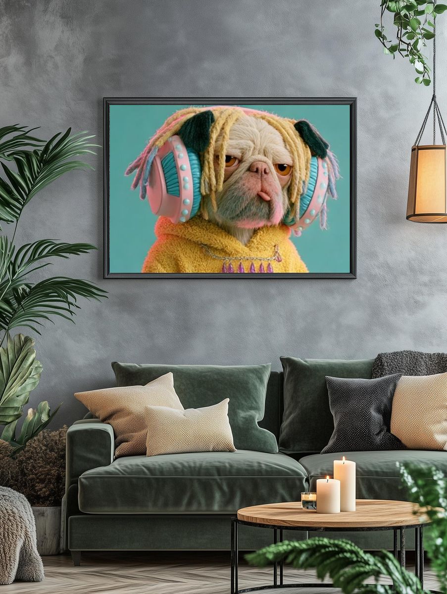 Pug in Headphones Illustration Poster. — room view 4