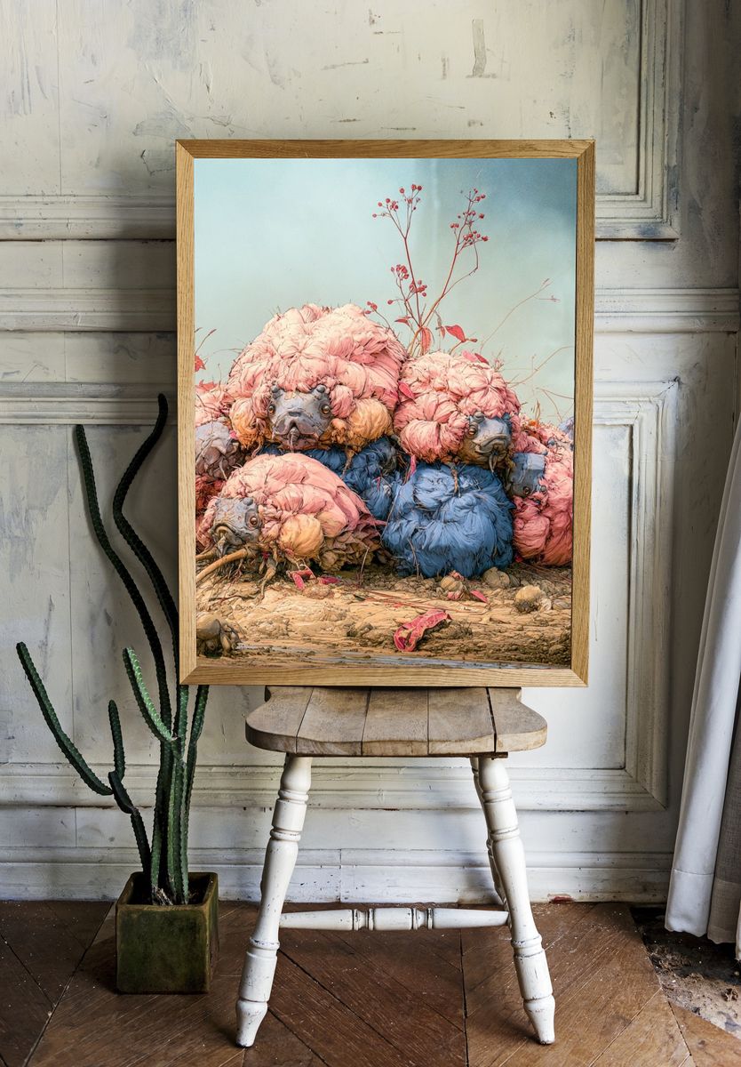 Surreal Bird Pile Digital Art Poster. room preview