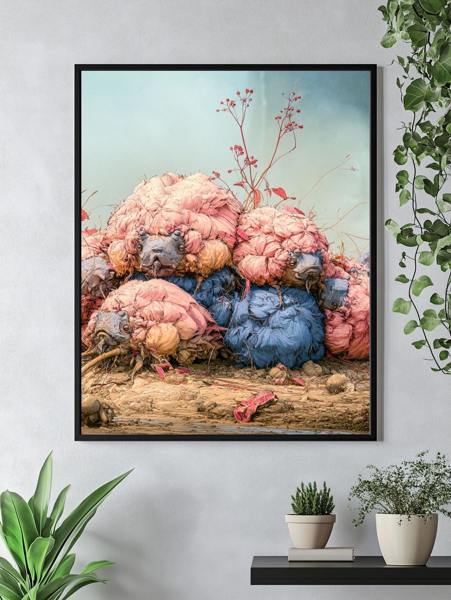 Surreal Bird Pile Digital Art Poster. — room view 4