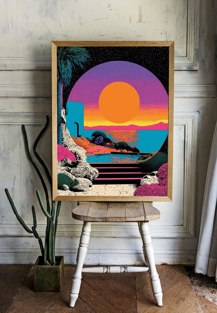 Neon Sunset Seascape Print. — room view 1