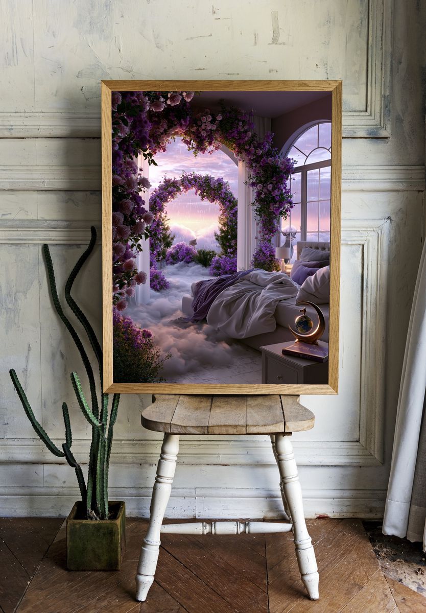 Dreamy Floral Bedroom Surrealism Print. room preview