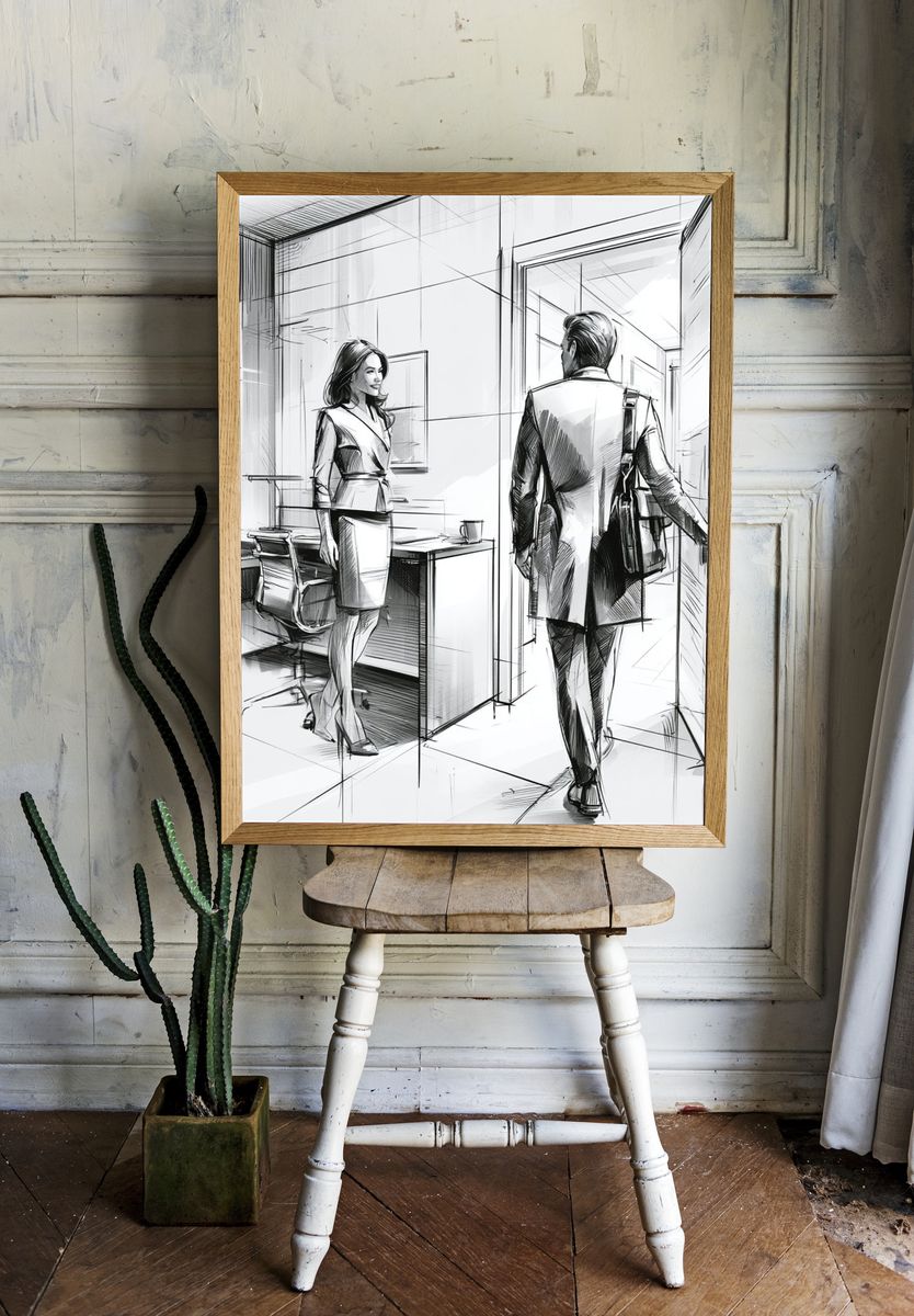 Office Encounter Fashion Illustration Poster. — room view 1