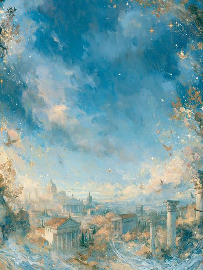 Celestial Cityscape Illustration Poster. poster