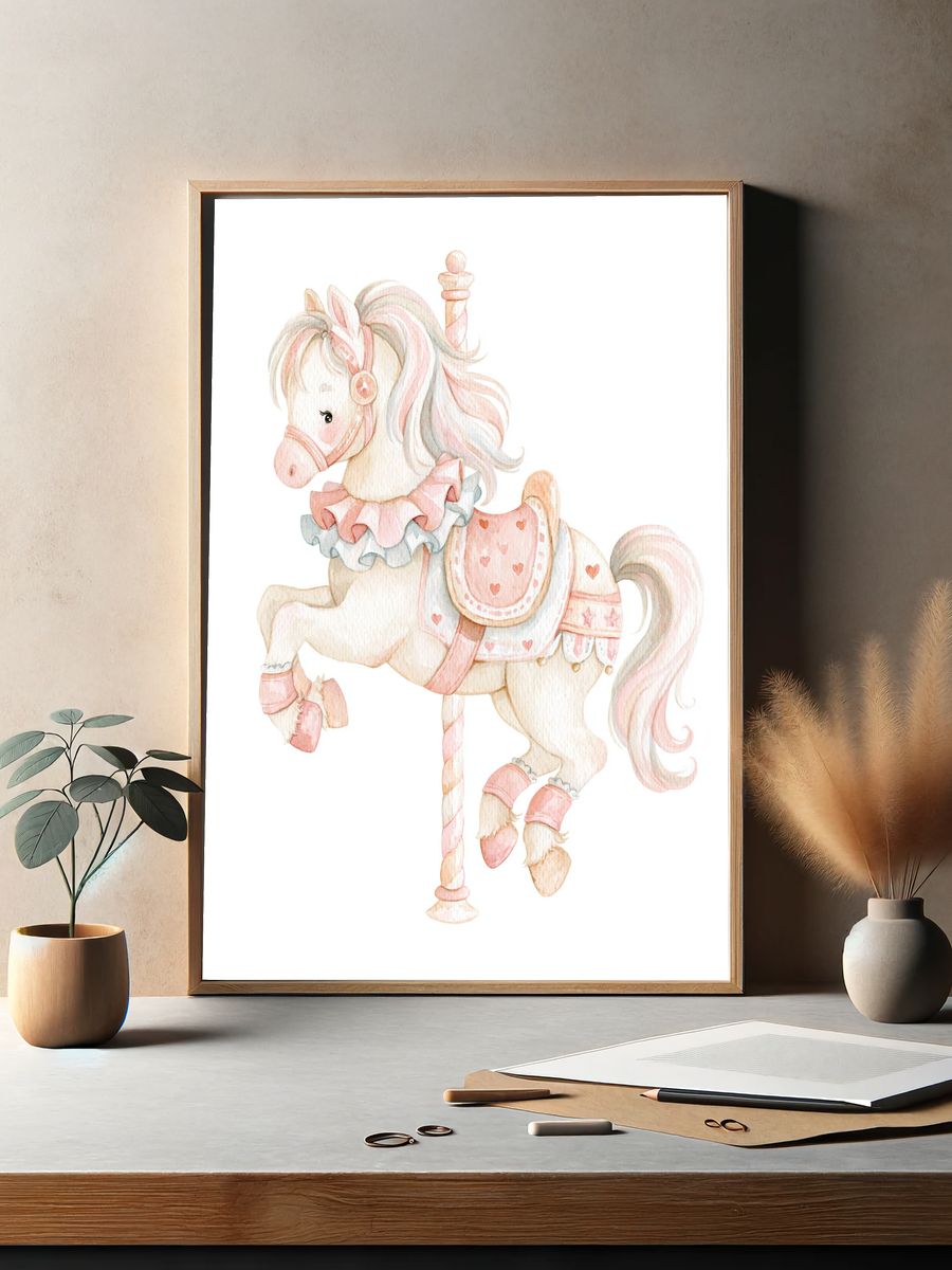 Pastel Carousel Horse Illustration Poster. — room view 2