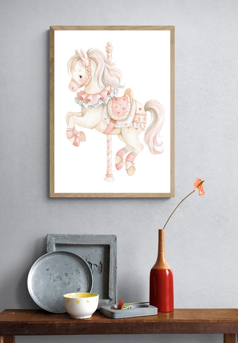 Pastel Carousel Horse Illustration Poster. — room view 3