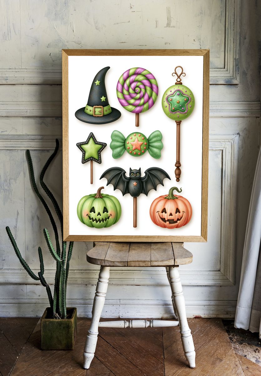 Halloween Candy Lollipops Illustration Poster. — room view 1
