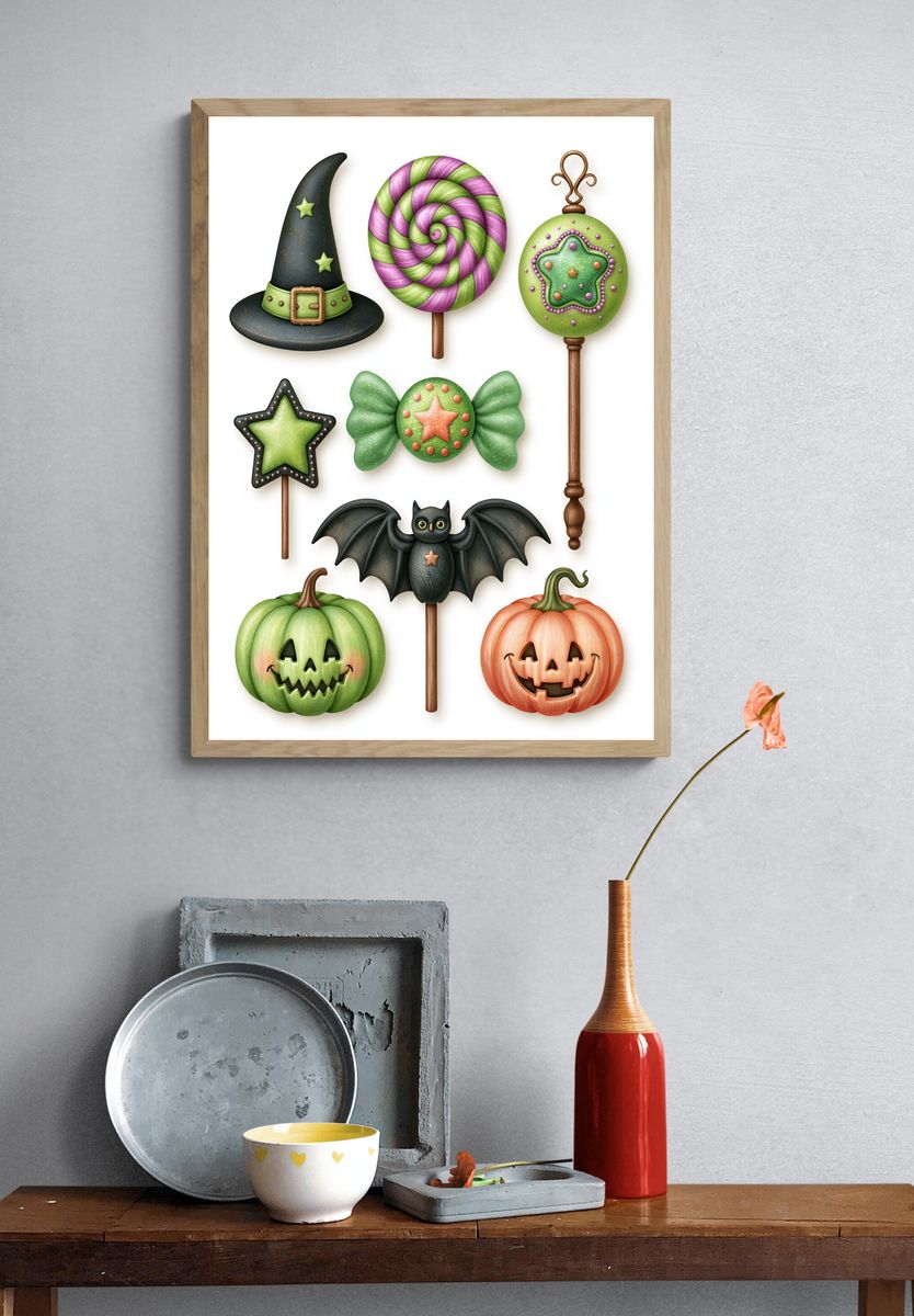 Halloween Candy Lollipops Illustration Poster. — room view 3