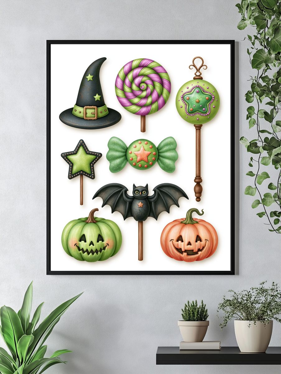 Halloween Candy Lollipops Illustration Poster. — room view 4