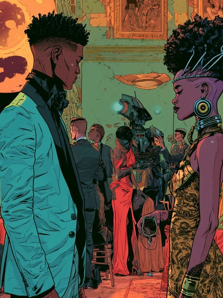 Afrofuturist Gala Scene Illustration Poster. poster detail