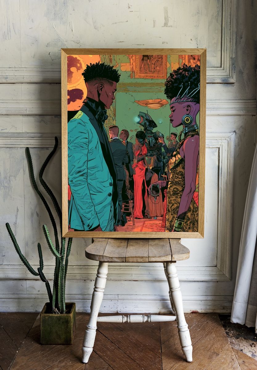 Afrofuturist Gala Scene Illustration Poster. — room view 1